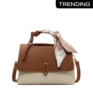 Two-Tone Leather Handbag with Scarf Charm – Tan & Cream